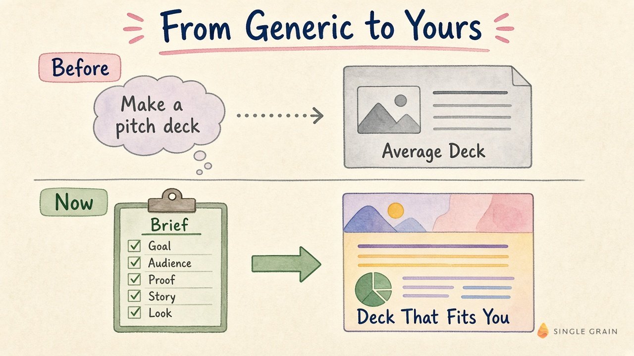 Before and now diagram showing a one-line prompt producing an average AI pitch deck, compared with a brief covering goal, audience, proof, story, and look producing a deck that fits you.
