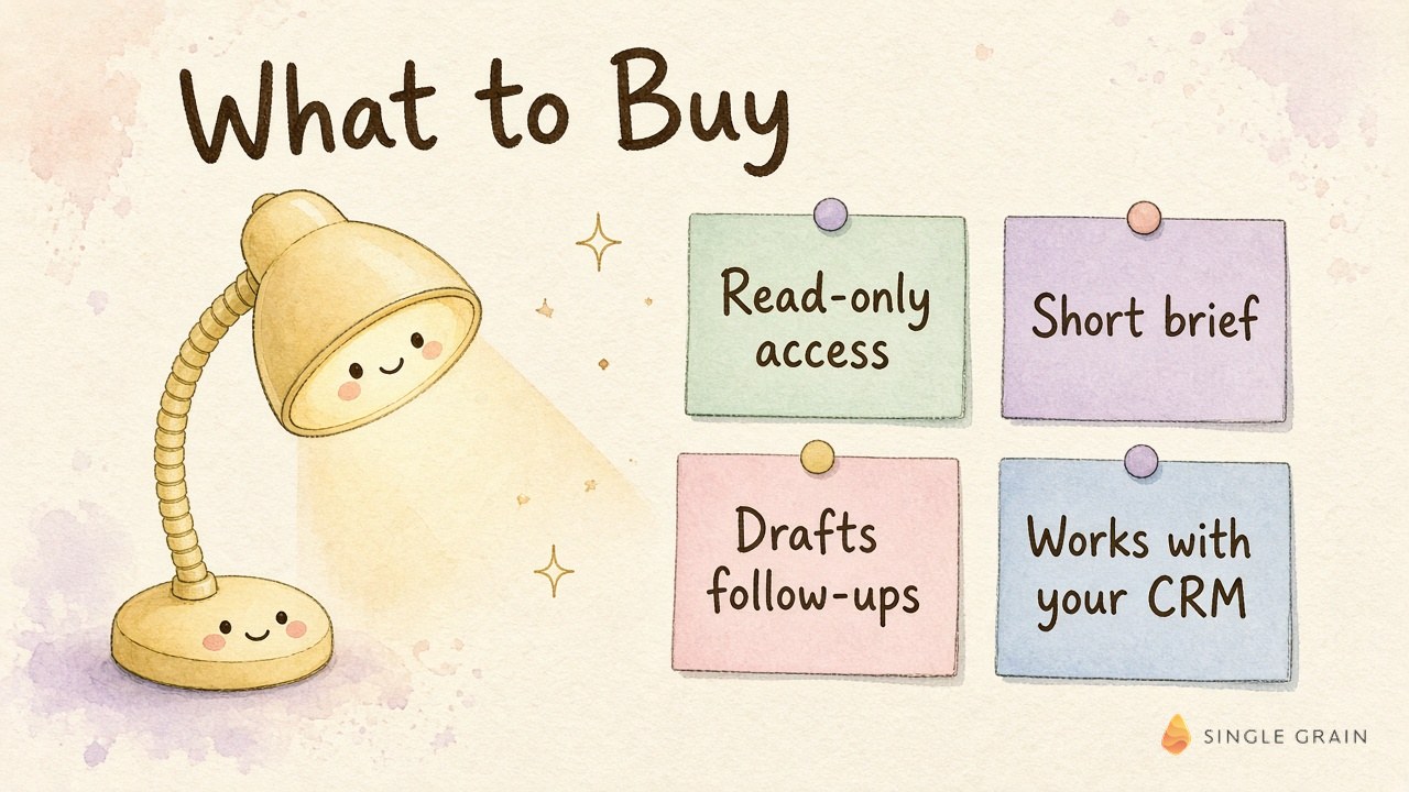 Desk lamp illustration with sticky notes for read-only access, a short brief, drafted follow-ups and CRM support in AI sales assistant software.