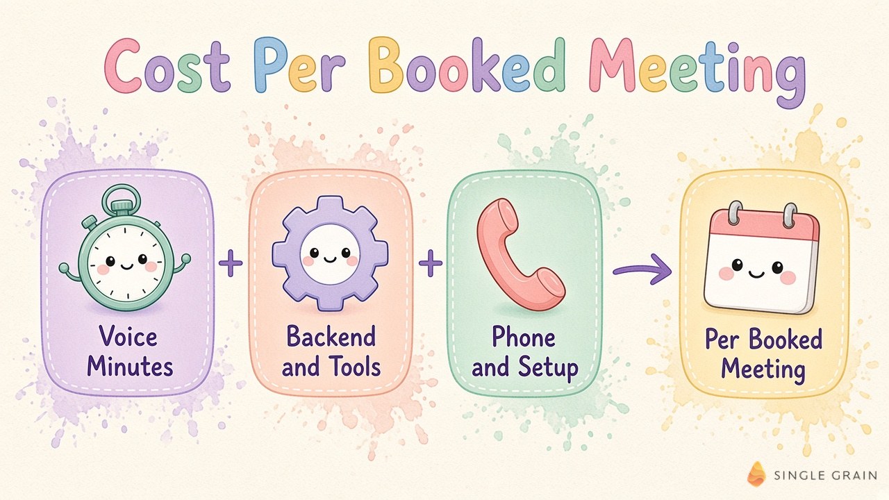 Pastel diagram showing voice minutes, backend and tools, and phone and setup costs adding up to the cost per booked meeting.