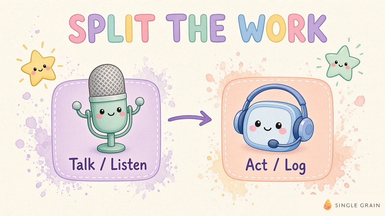 Pastel diagram showing a caller talking, a live voice model listening and speaking, a backend agent thinking and using tools, and the CRM receiving the record.