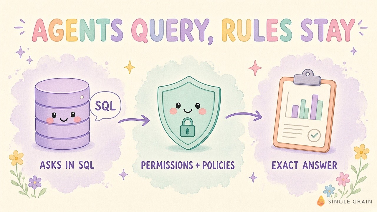 Pastel flow diagram titled Agents Query, Rules Stay: a database character asks in SQL, a shield checks permissions and policies, and a clipboard returns the exact answer.