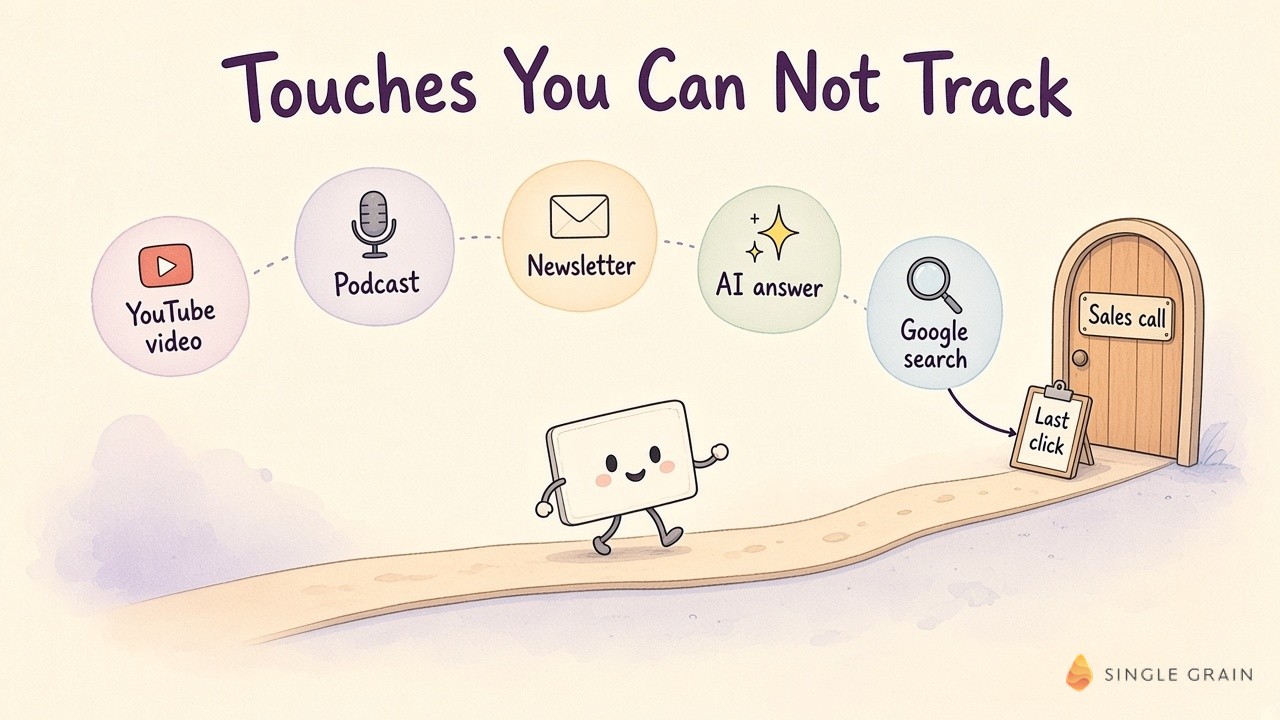 A pastel watercolor illustration shows a lead card walking past YouTube, podcast, newsletter, and AI answer bubbles toward a sales call door, with only the last Google search touch connected to the last click label.