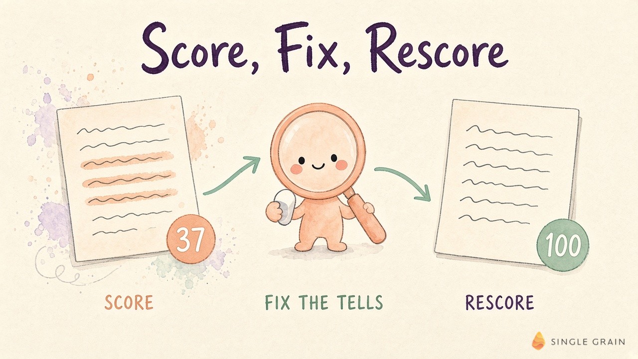 Illustration of the score, fix and rescore loop, where a sample draft scoring 37 is edited by a magnifying glass character and rescored at 100.