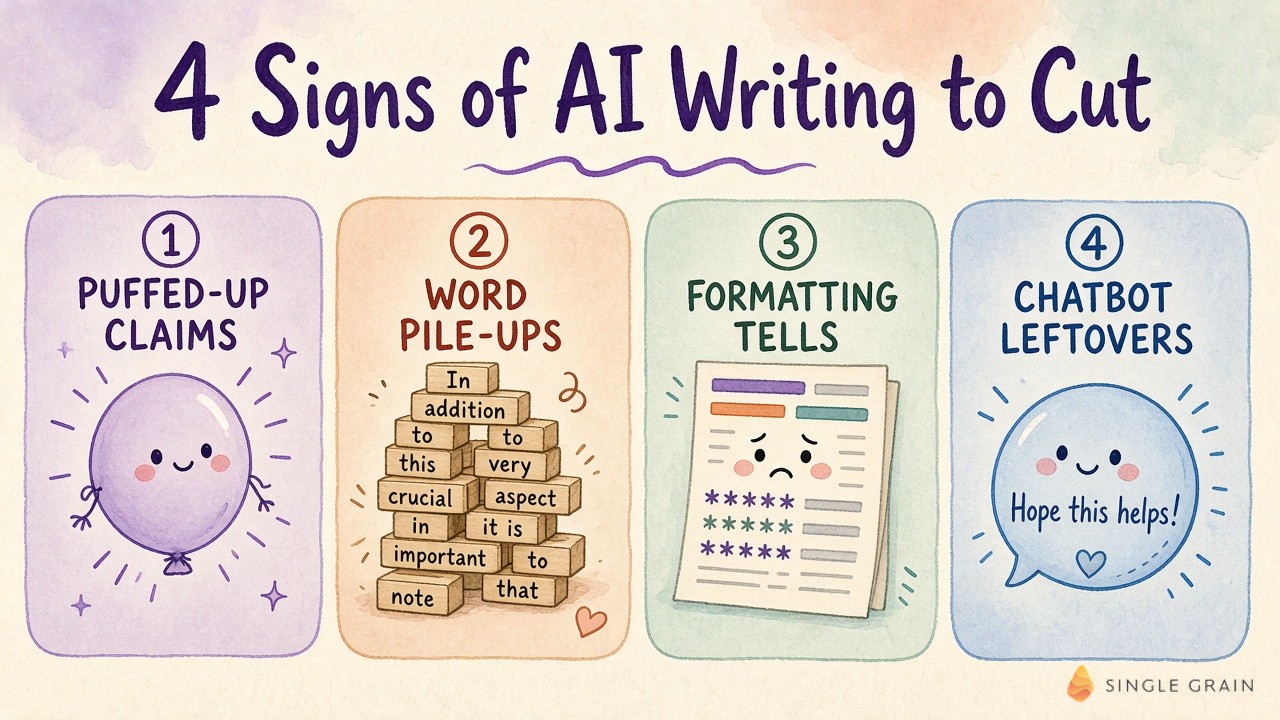 Illustration of four signs of AI writing to cut, showing puffed-up claims, word pile-ups, formatting tells and chatbot leftovers.