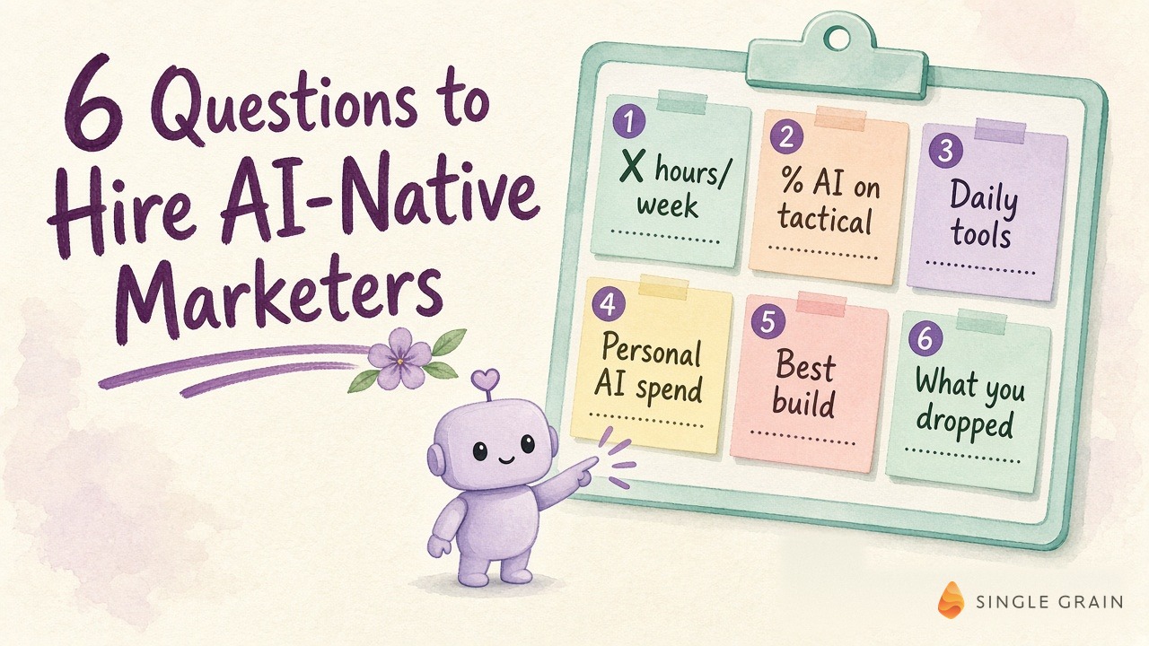 Clipboard of six questions used to hire AI-native marketers