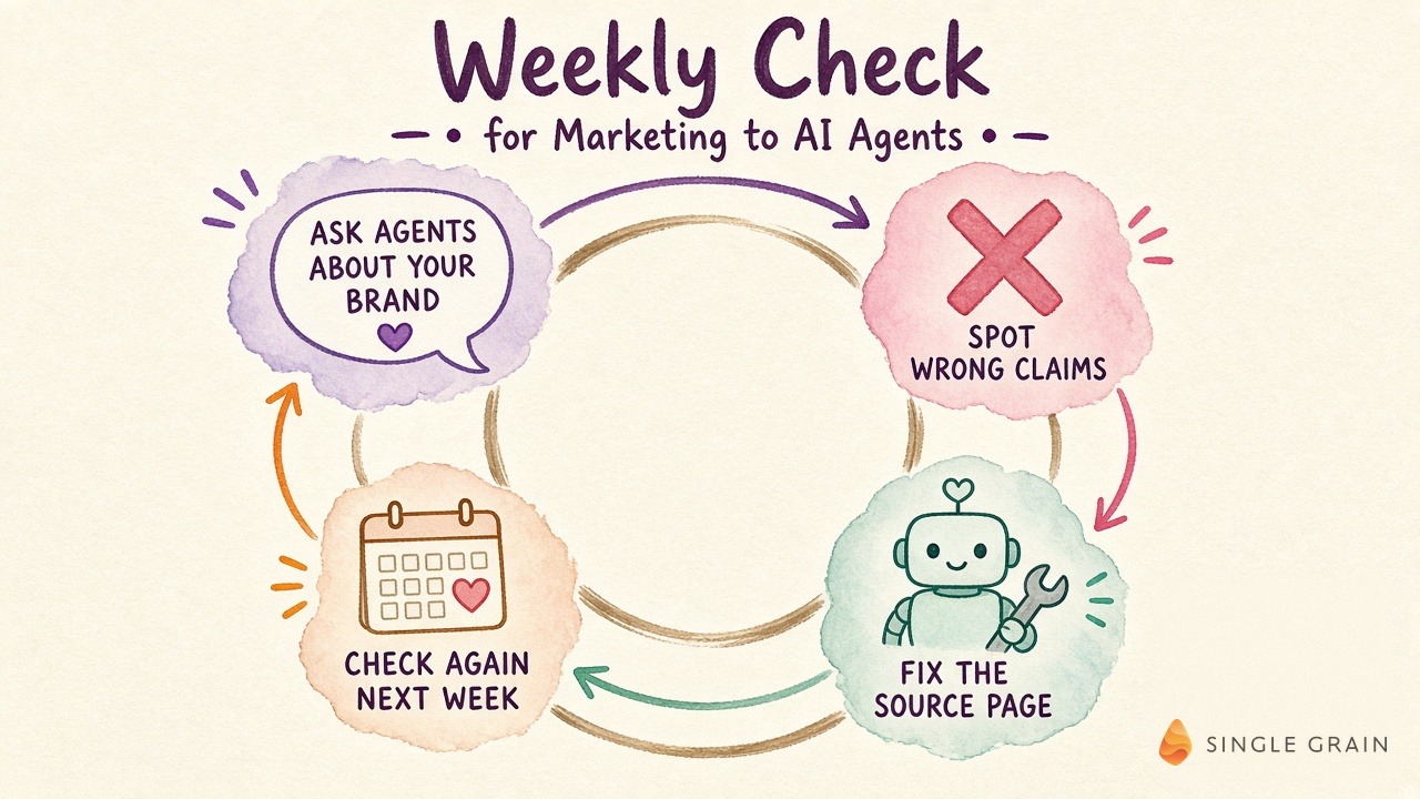 Weekly check for marketing to AI agents: ask agents, spot wrong claims, fix the source page, check again