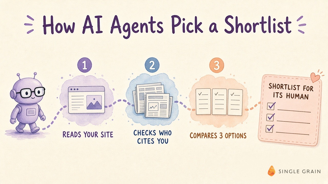 How AI agents pick a shortlist: read your site, check who cites you, compare three options