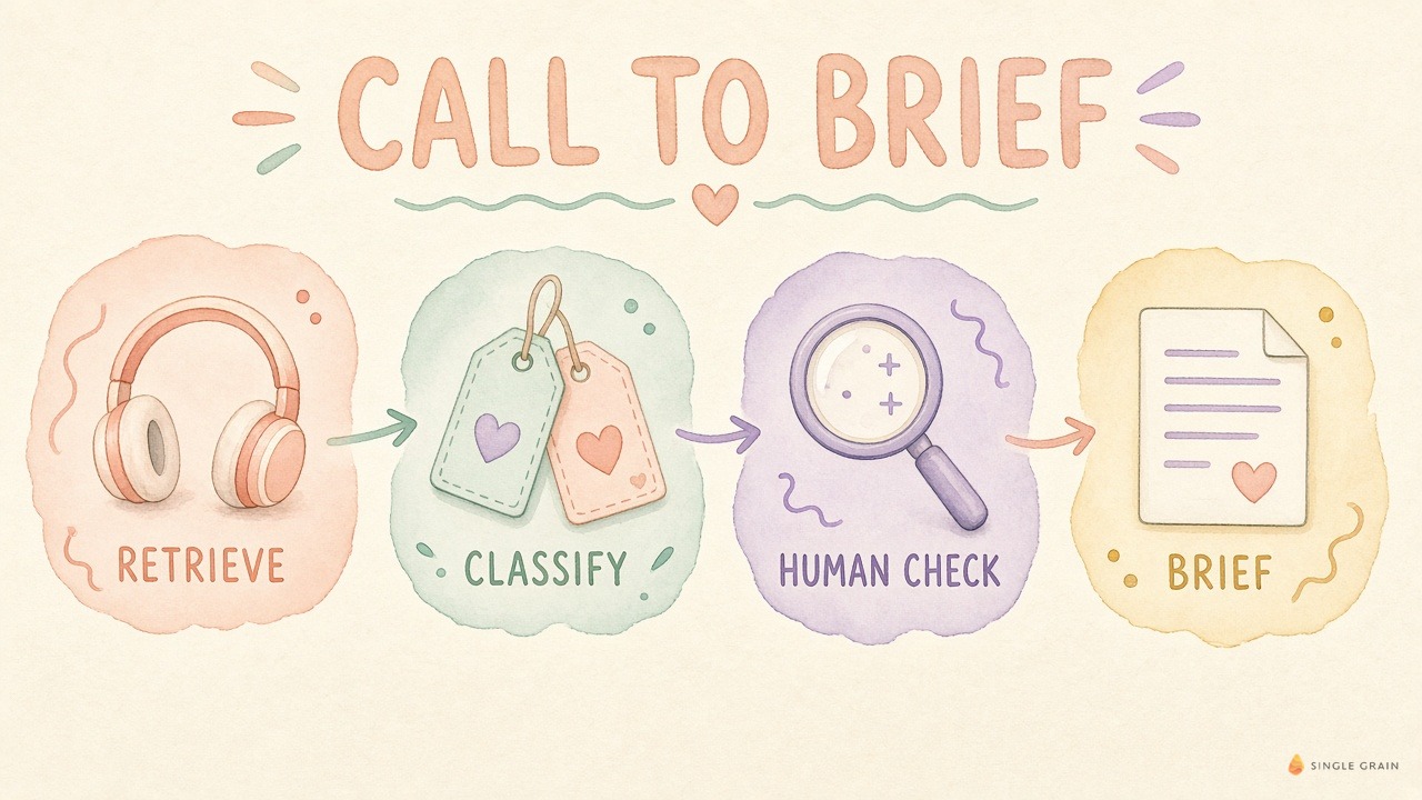 Sales call analysis pipeline from retrieve to classify to human check to article brief