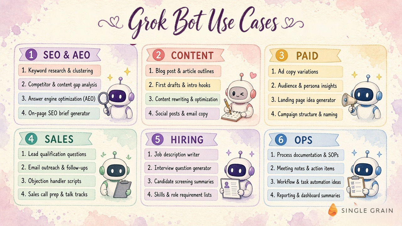 Grok Bot use cases grouped into SEO and AEO, content, paid, sales, hiring and ops