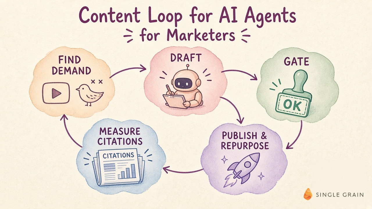 Content loop for AI agents for marketers: find demand, draft, gate, publish and measure citations
