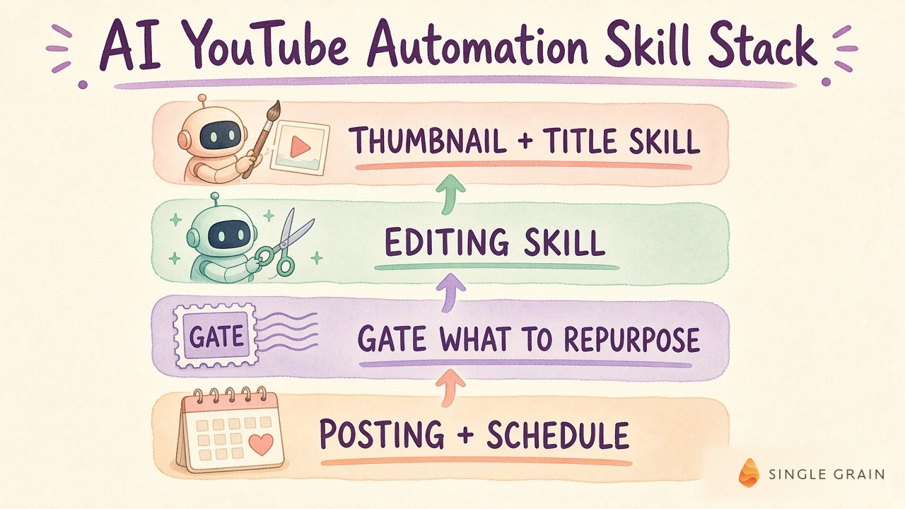 AI YouTube automation skill stack: thumbnail and title, editing, gate, posting and schedule