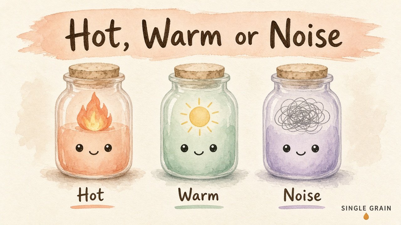 Watercolor diagram of three jars labeled hot, warm, and noise, showing how to score buyer intent signals by tier.