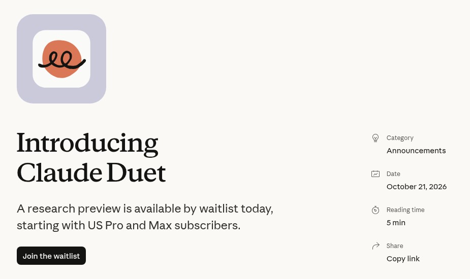 Anthropic announcement page titled Introducing Claude Duet, describing a research preview available by waitlist for US Pro and Max subscribers.