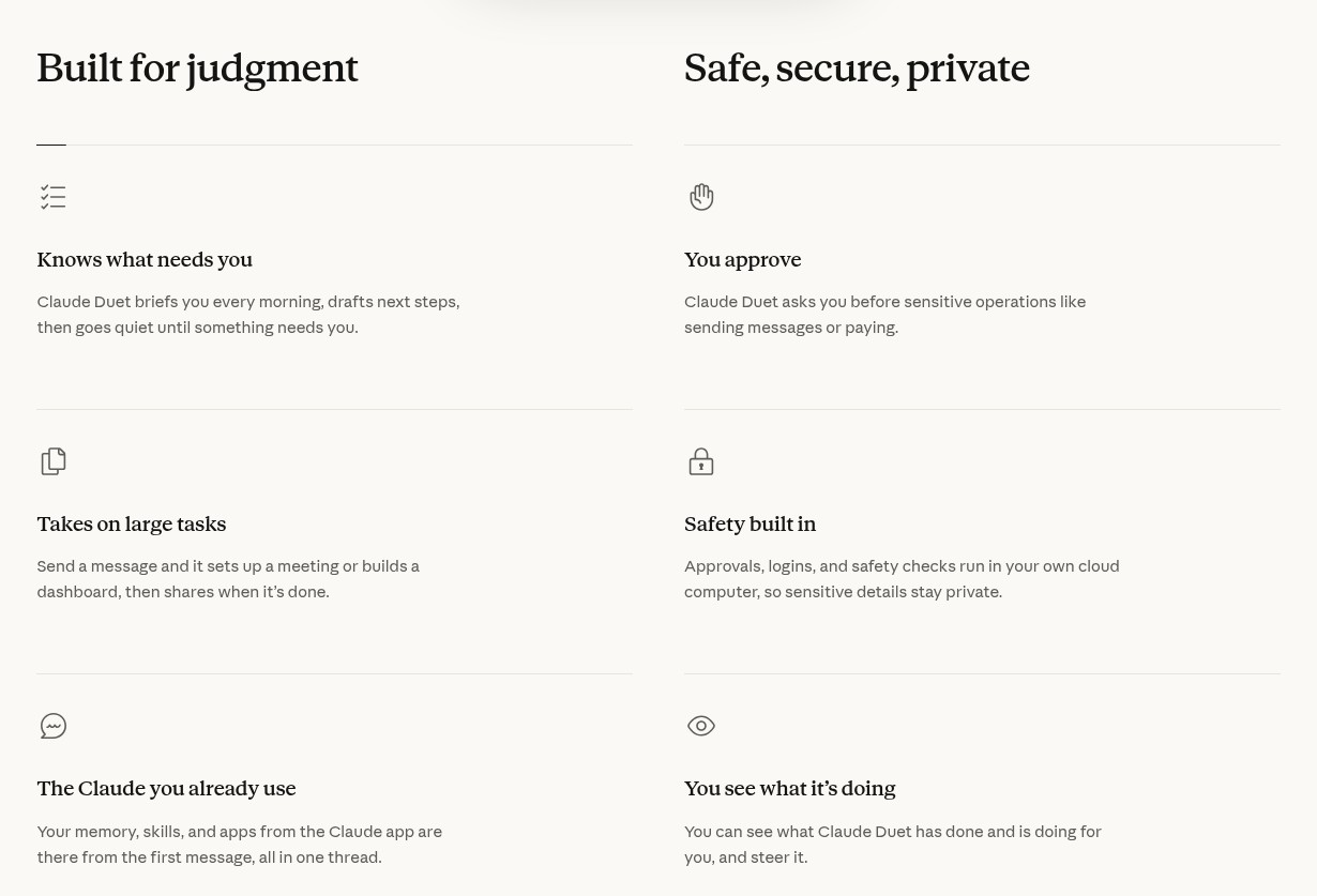 Claude Duet product page section titled Built for judgment describing approval before actions and a safe, secure, private design.