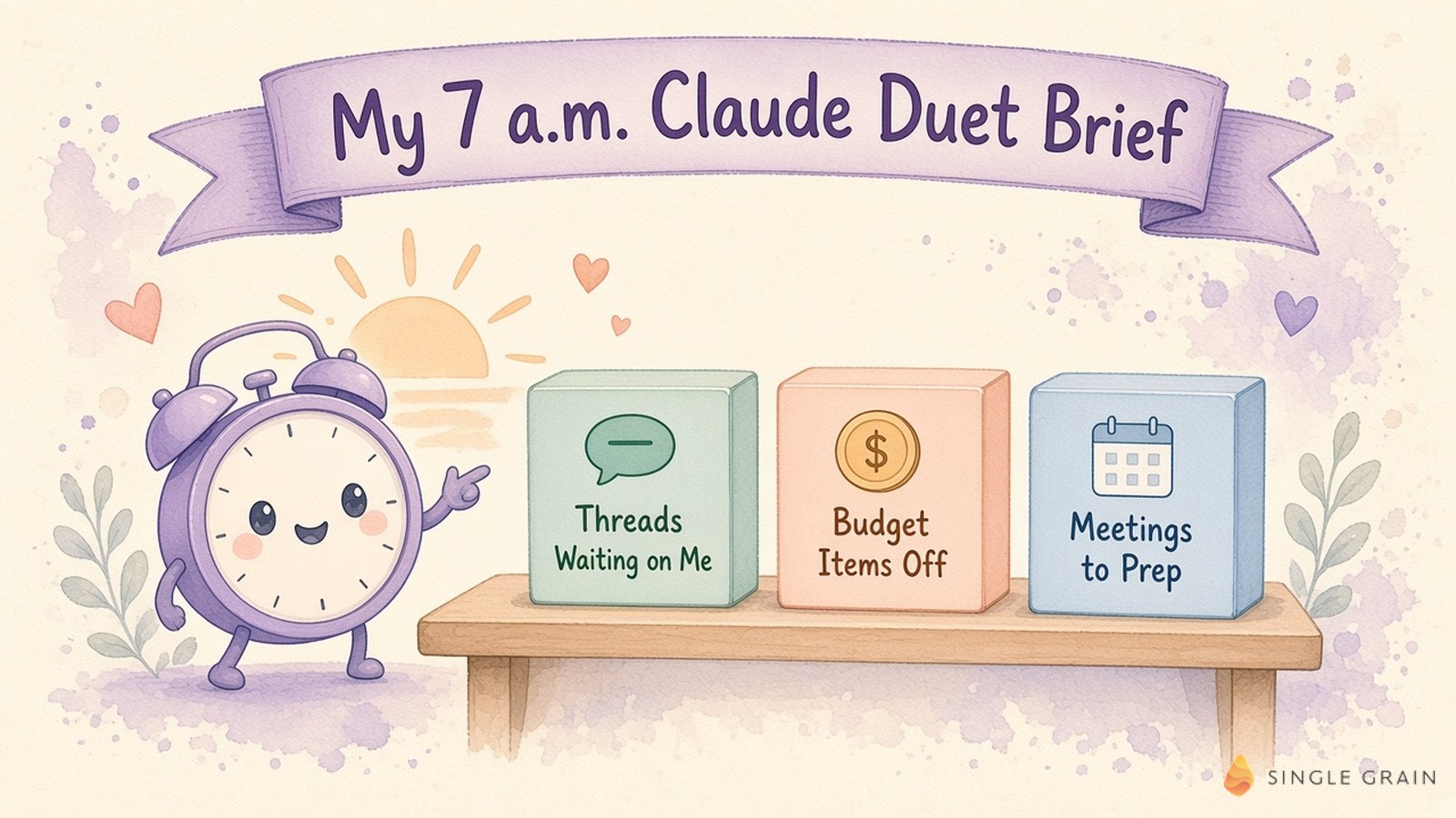 A pastel watercolor shelf holds three blocks for a Claude Duet morning brief, covering threads waiting on me, budget items that look off, and meetings to prep, next to a smiling alarm clock.