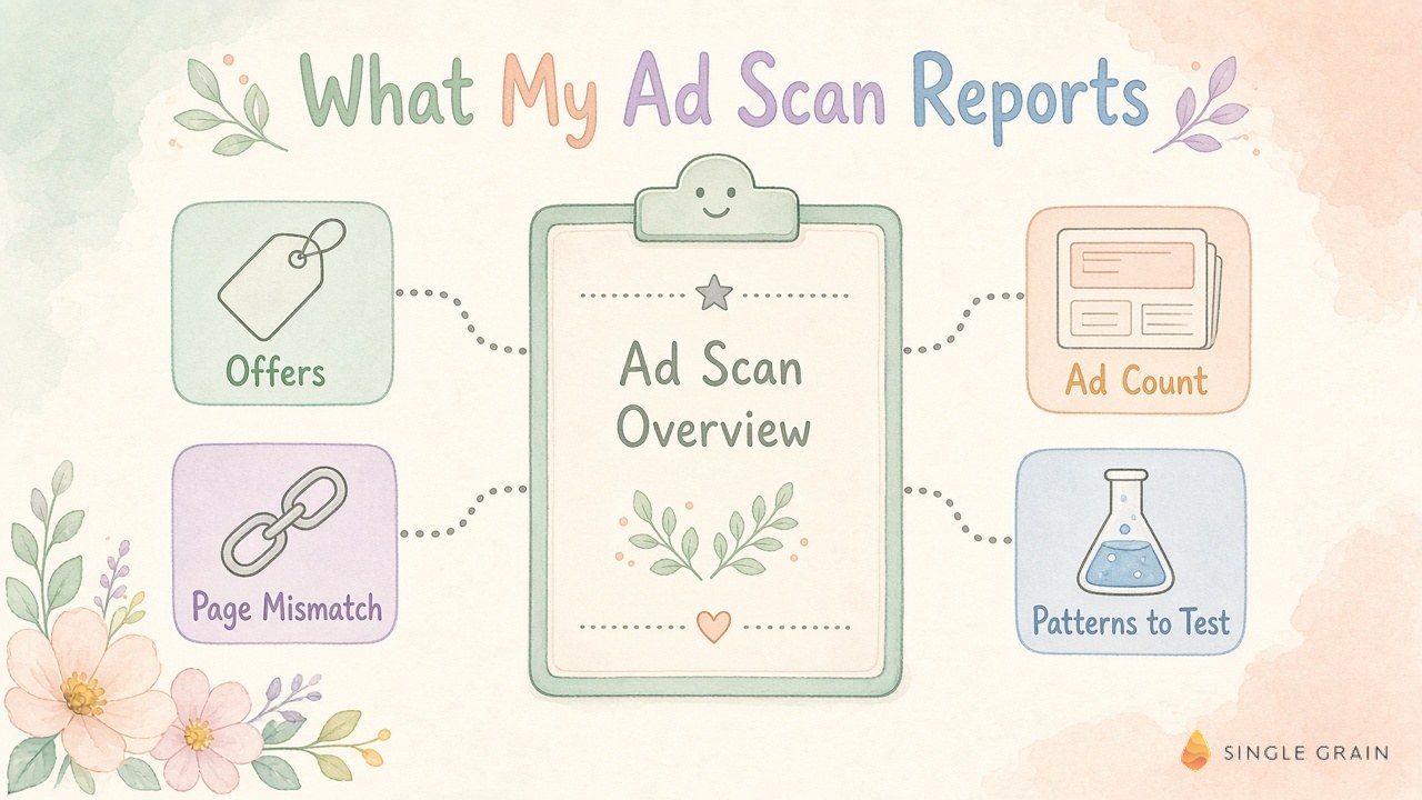 Watercolor clipboard labeled ad scan overview connected to four cards for offers, ad count, page mismatch and patterns to test.