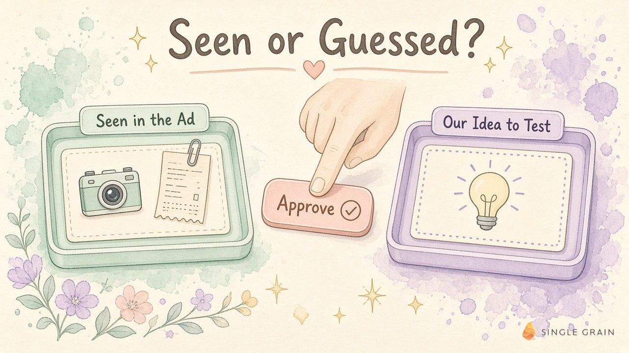 Watercolor illustration of two trays labeled seen in the ad and our idea to test, with a hand pressing an approve button.