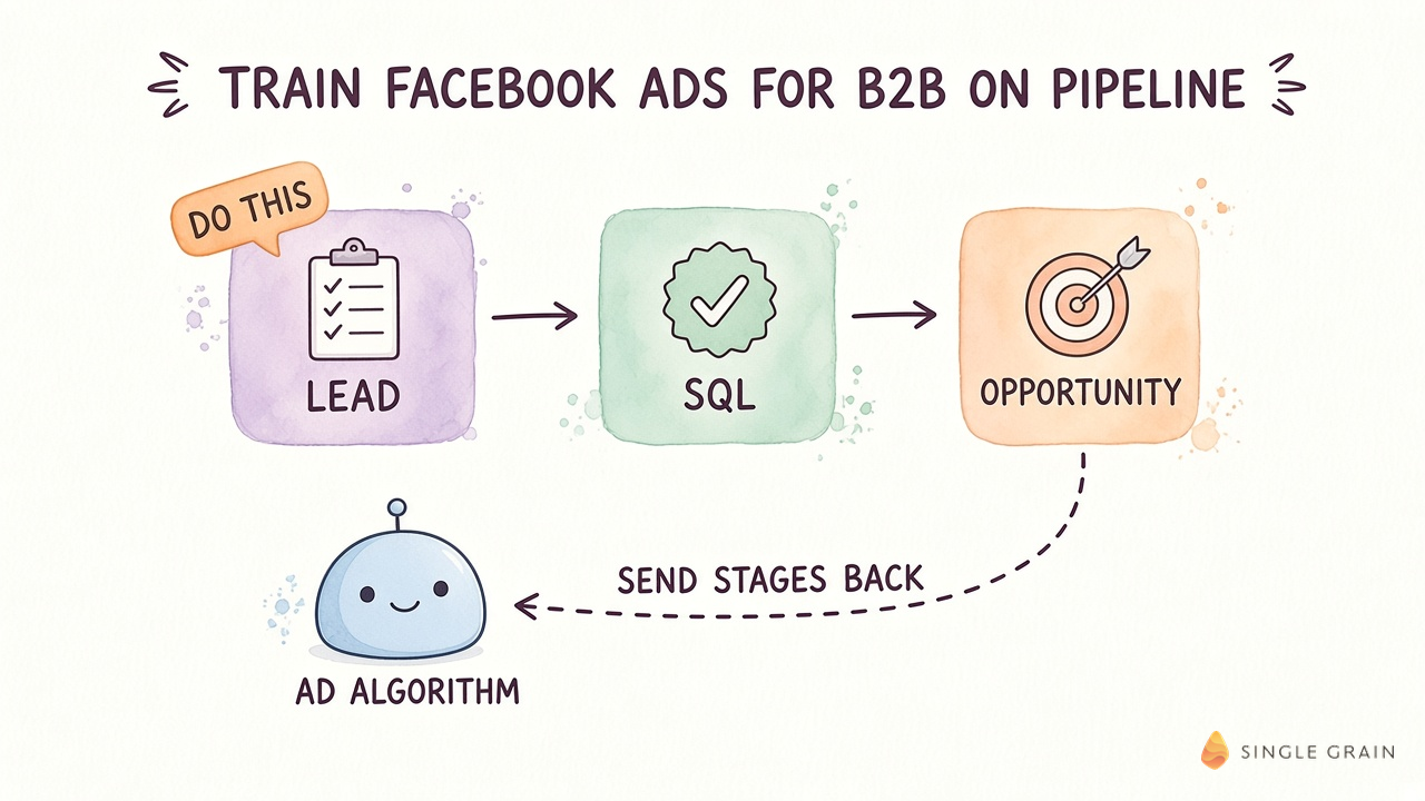 Diagram of Facebook ads for B2B trained on pipeline, with CRM stages lead, SQL and opportunity sent back to the ad algorithm through the Conversions API.