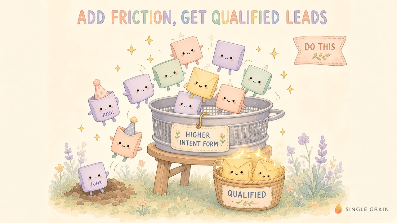 Playful illustration of Facebook ads for B2B using a higher intent form as a filter, so junk leads bounce off and qualified leads land in the basket.