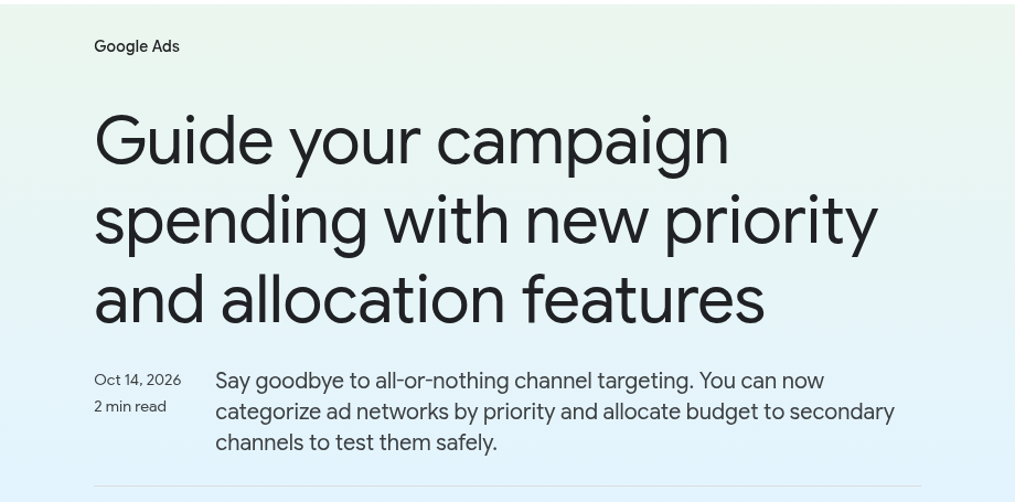 Screenshot of the Google Ads and Commerce blog post titled Guide your campaign spending with new priority and allocation features.