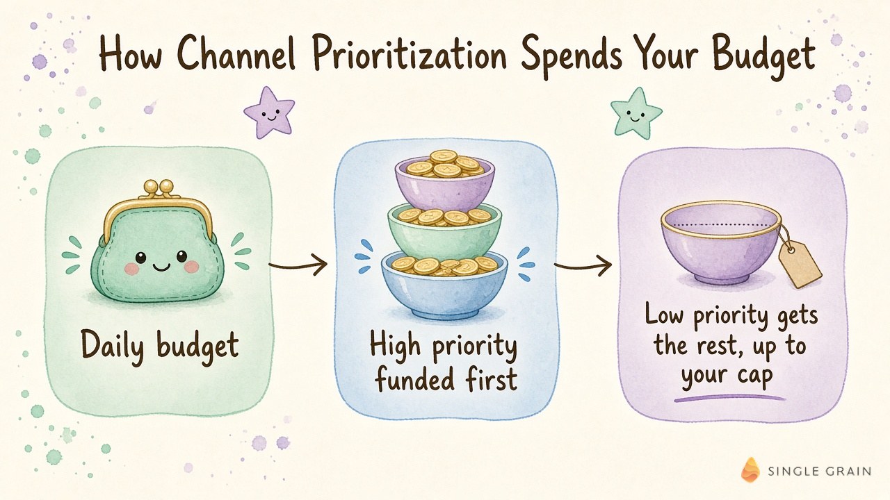 Watercolor diagram showing a daily budget coin purse funding high priority channels first, then low priority channels up to a cap.