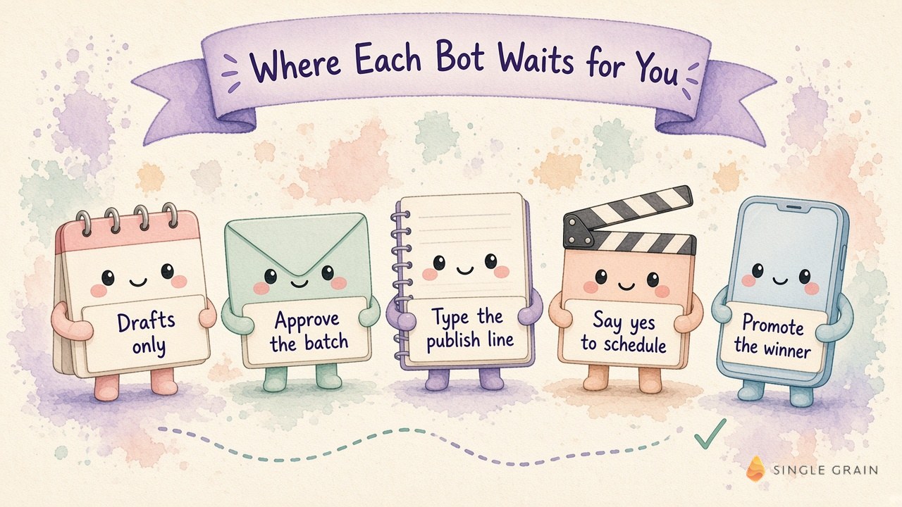 Five object characters holding signs showing where each Grok Bot template waits for approval, from drafts only to promoting the winner.