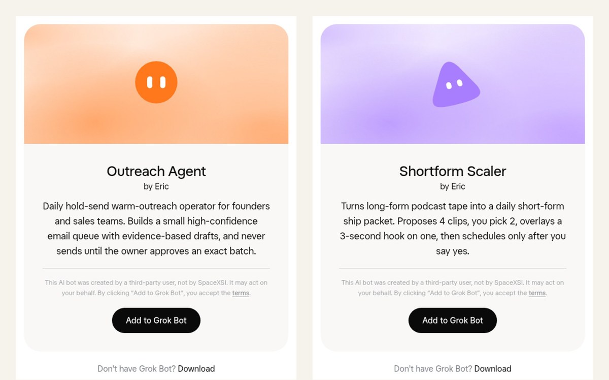 Template cards for Outreach Agent and Shortform Scaler by Eric, each with an Add to Grok Bot button.