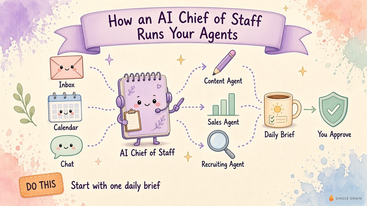 A pastel diagram shows how an AI chief of staff works, pulling from your inbox, calendar, and chat, routing work to content, sales, and recruiting agents, and rolling results into a daily brief you approve.
