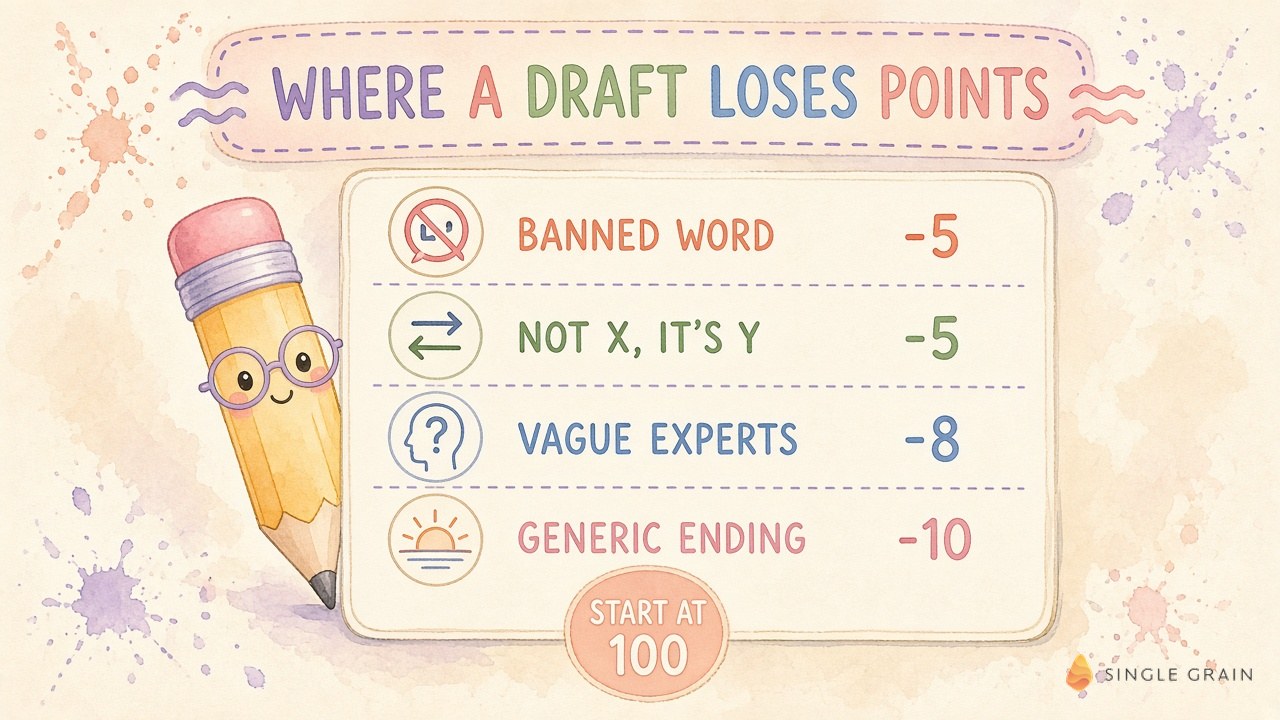 Watercolor report card showing a draft starting at 100 and losing 5 points for a banned word, 5 for a not X it's Y sentence, 8 for vague experts and 10 for a generic ending.