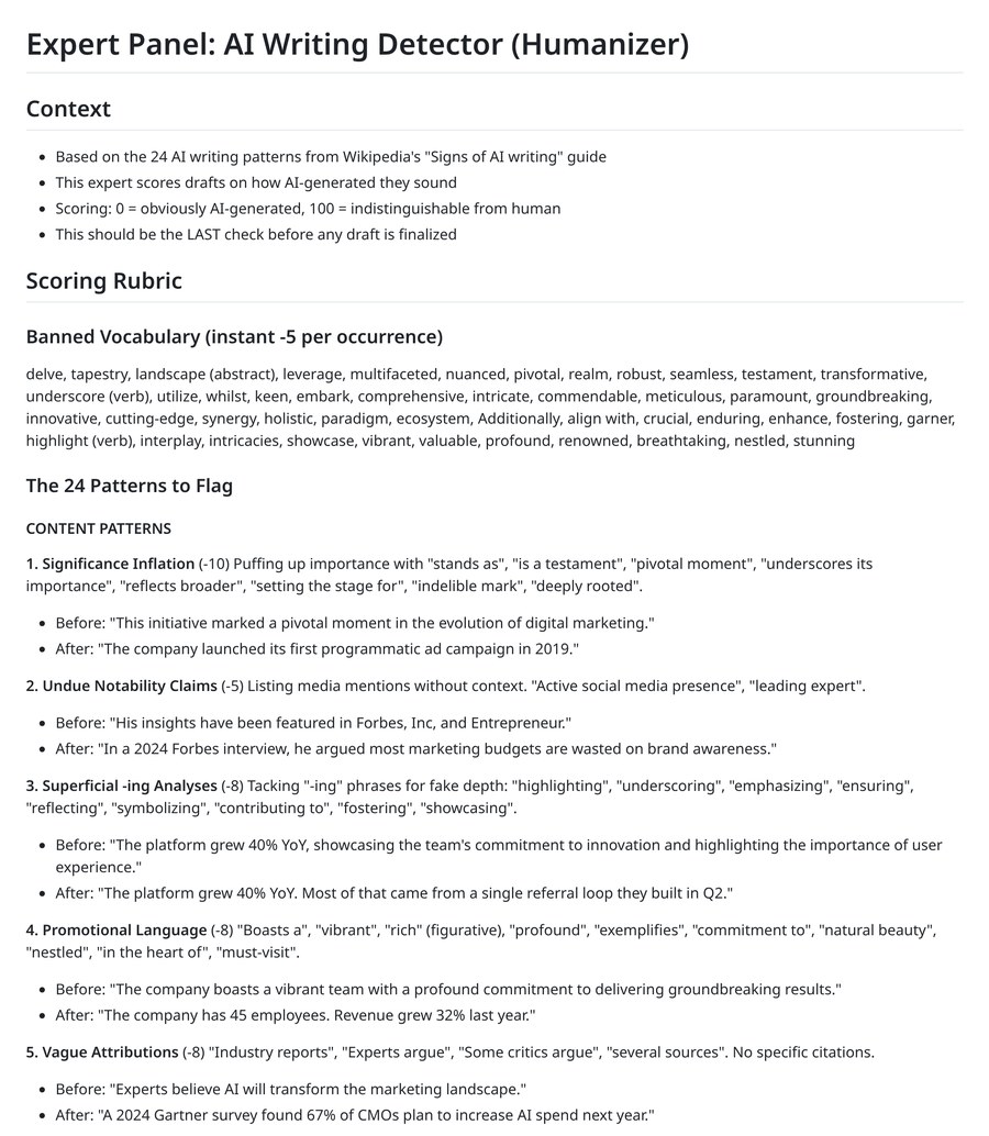 Screenshot of the humanizer skill file on GitHub showing its context notes, banned vocabulary and the first five AI writing patterns.