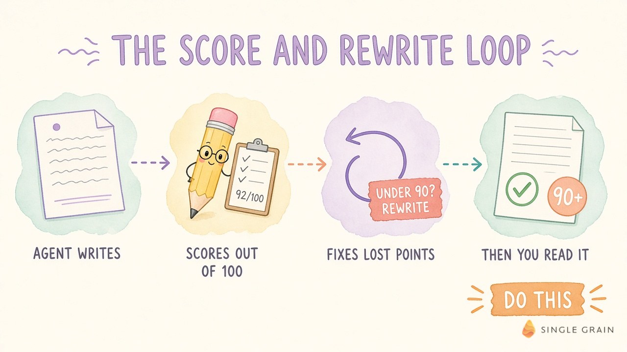 Watercolor diagram of the score and rewrite loop where the agent writes, scores the draft out of 100, rewrites anything under 90 and only then hands it to you.