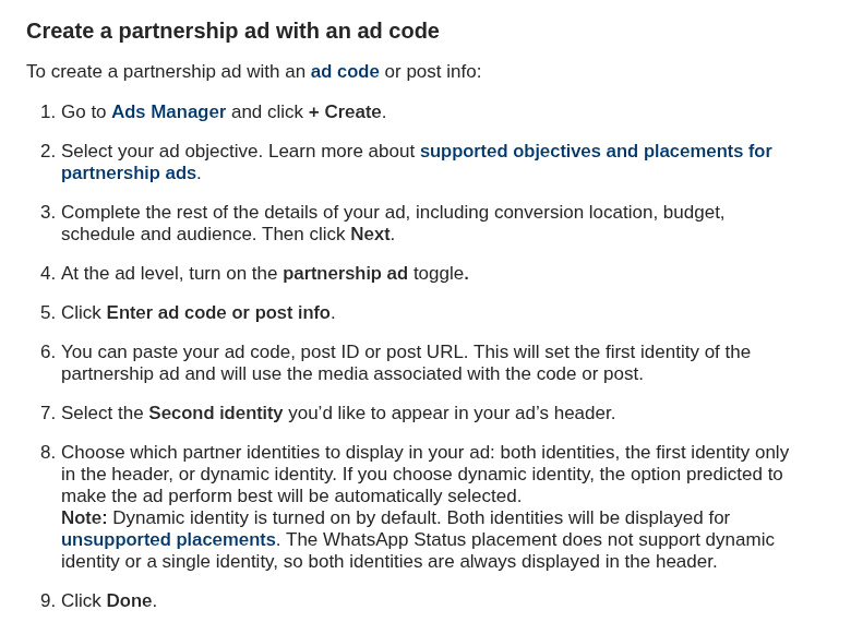 Screenshot of Instagram Help Center steps for creating a partnership ad with an ad code in Ads Manager.