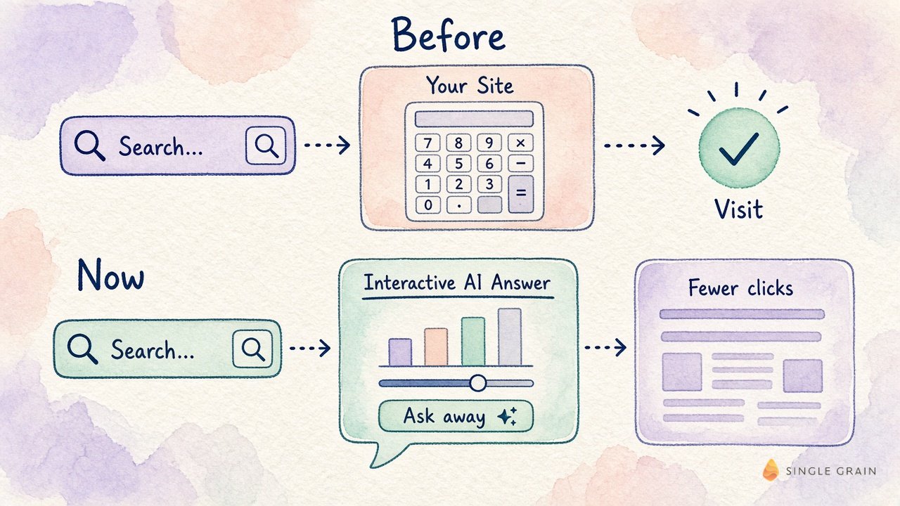 Before and now diagram showing searches that once led to a calculator on your site now ending in interactive AI answers inside chat, which means fewer clicks to websites.