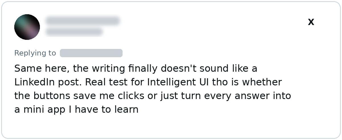 Recreated X reply questioning whether interactive AI answer buttons save clicks or turn every answer into a mini app to learn.