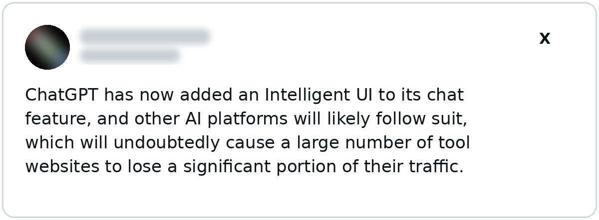 Recreated X post predicting that interactive AI answers in chat will cause many tool websites to lose a large share of their traffic.