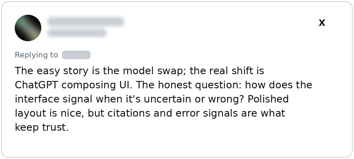 Recreated X reply asking how interactive AI answers signal uncertainty, noting that citations and error signals keep user trust.