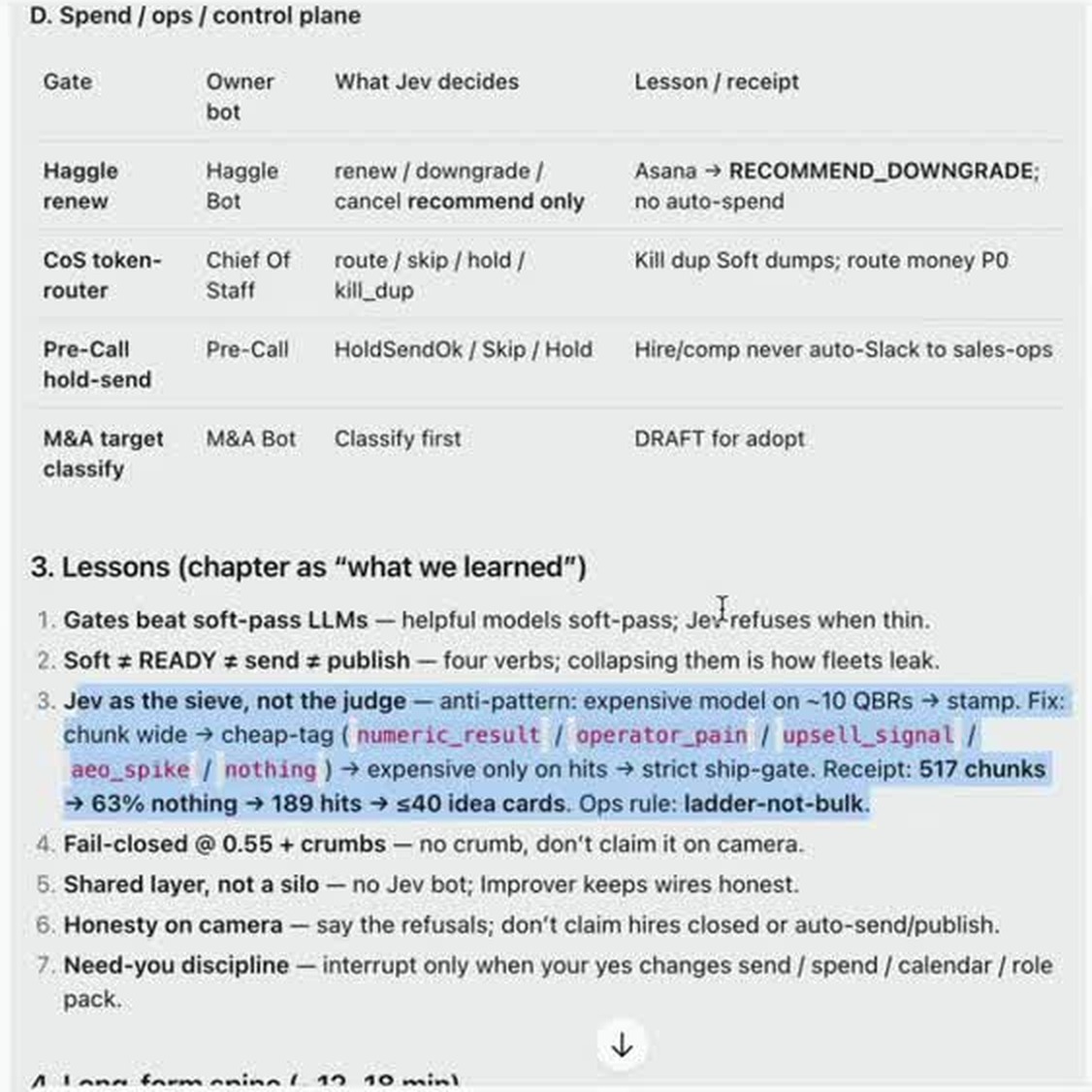 Jev sales call analysis lessons showing 517 chunks screened down to 40 idea cards