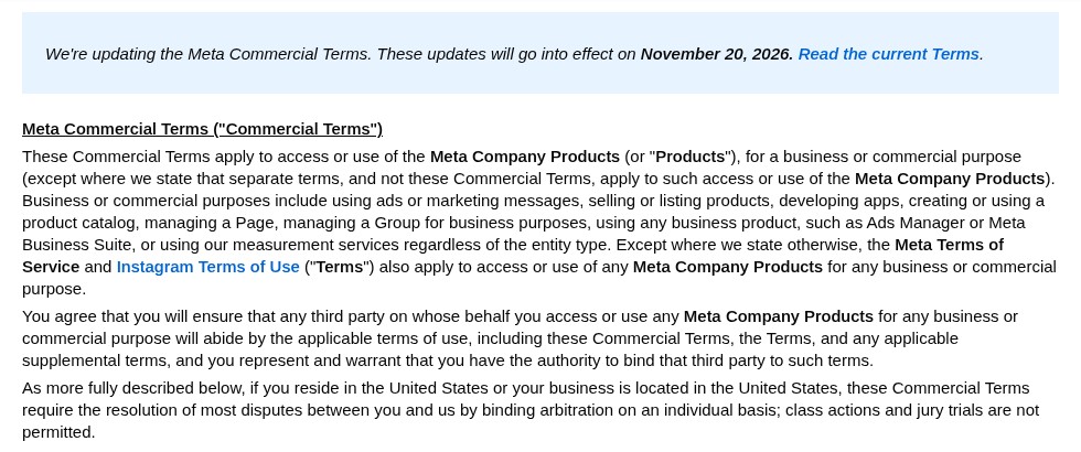 Meta Commercial Terms preview banner saying the updated terms go into effect on November 20, 2026, checked on October 22, 2026.