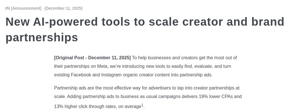 Screenshot of a Meta for Business announcement saying partnership ads deliver 19% lower CPAs and 13% higher click through rates on average.