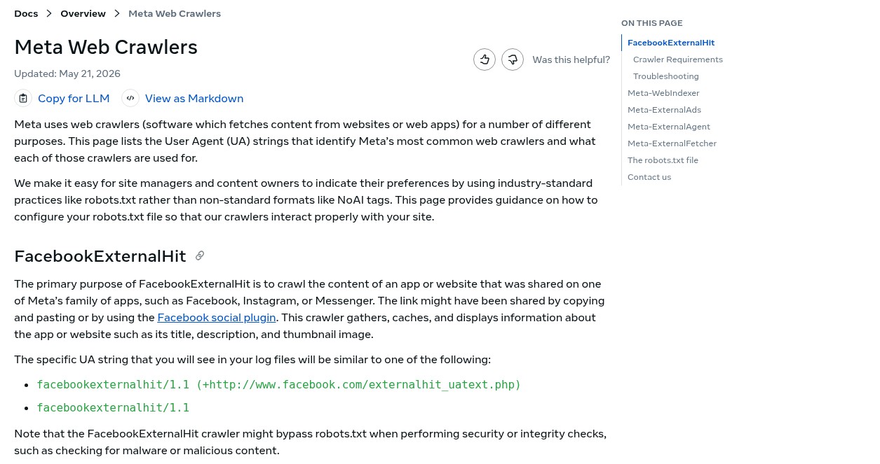 Meta developer page titled Meta Web Crawlers listing FacebookExternalHit, Meta-WebIndexer, Meta-ExternalAds, Meta-ExternalAgent and Meta-ExternalFetcher.