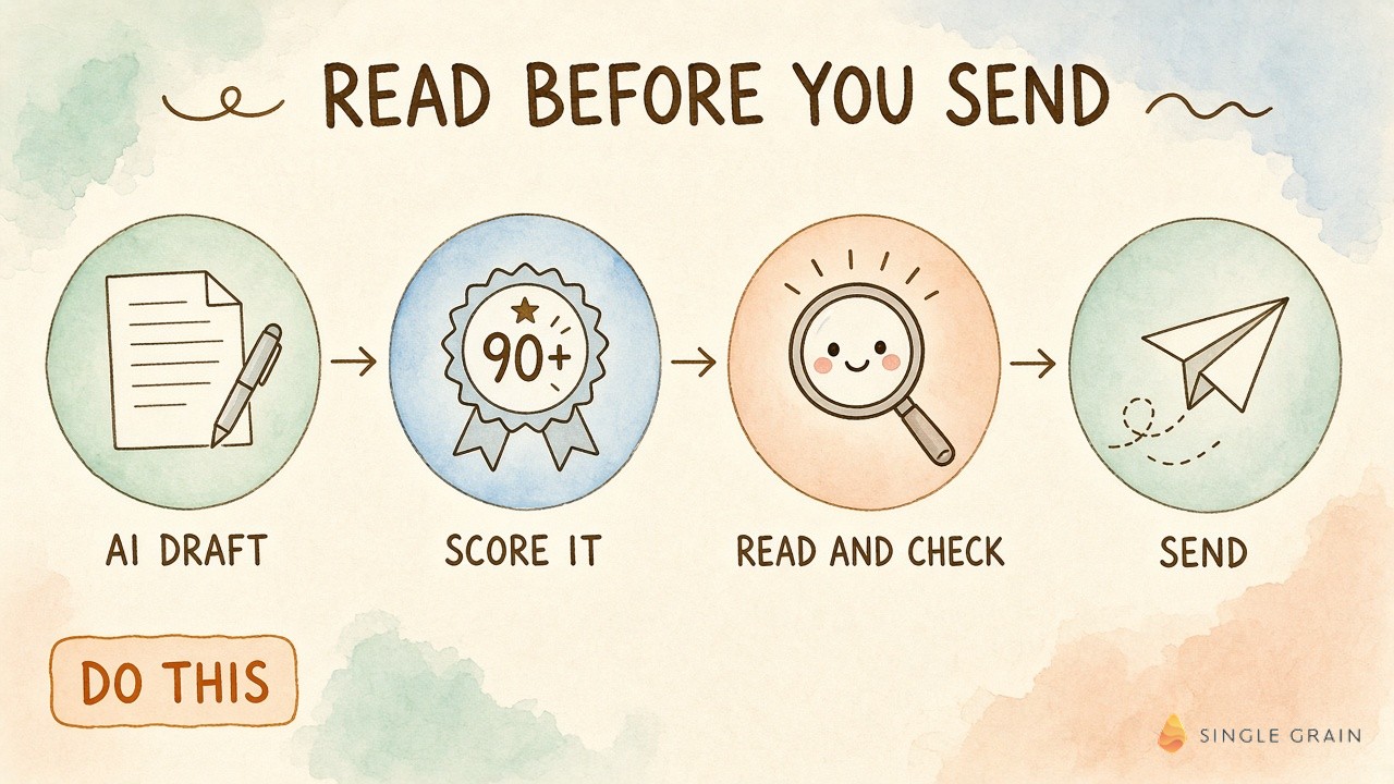 Watercolor flow chart titled read before you send, showing an AI draft, a score of 90 or higher, a magnifying glass character reading and checking, and finally a paper airplane labeled send.