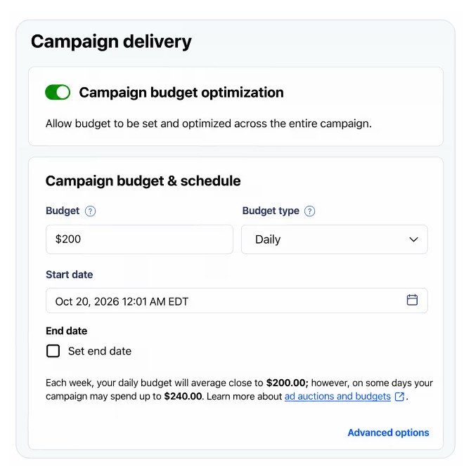Reddit Ads Manager campaign delivery panel with campaign budget optimization turned on and a $200 daily budget.