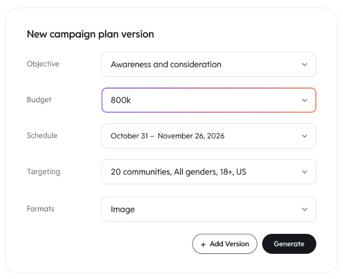 Reddit Ads campaign planner screen with fields for objective, budget, schedule, targeting and ad formats.