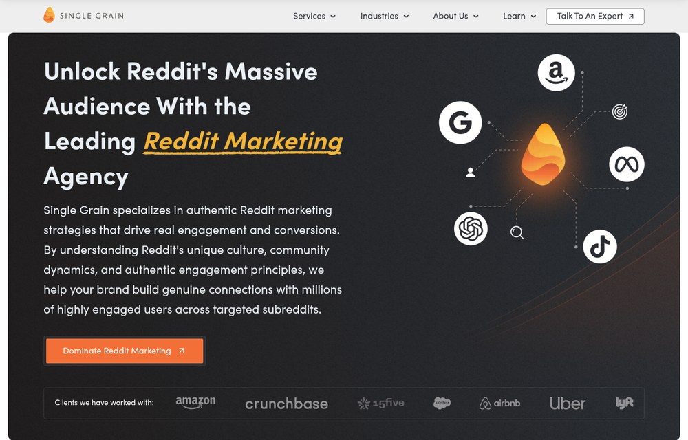 Single Grain Reddit marketing agency page describing community-first Reddit strategies.
