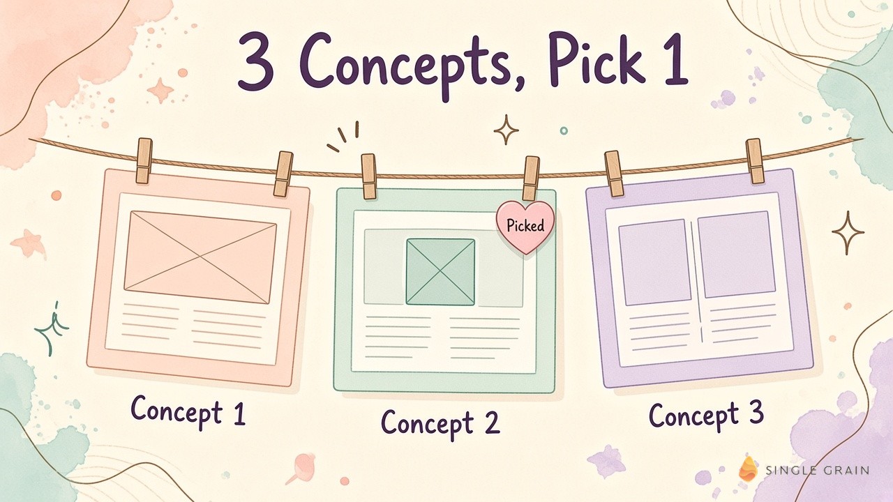 Three landing page concept cards hang on a clothesline, and the middle concept carries a Picked tag.