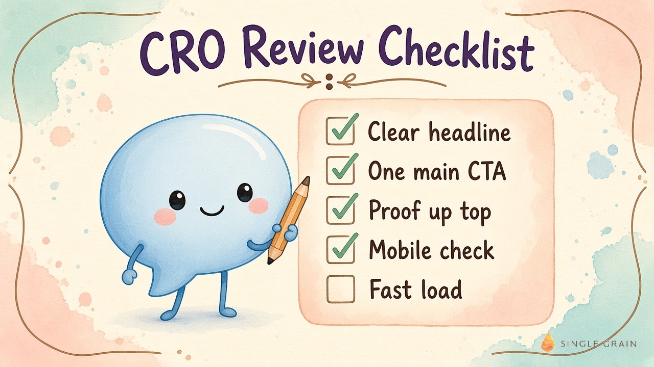 A speech bubble character holds a pencil beside a CRO review checklist covering headline, main CTA, proof, mobile and load speed.