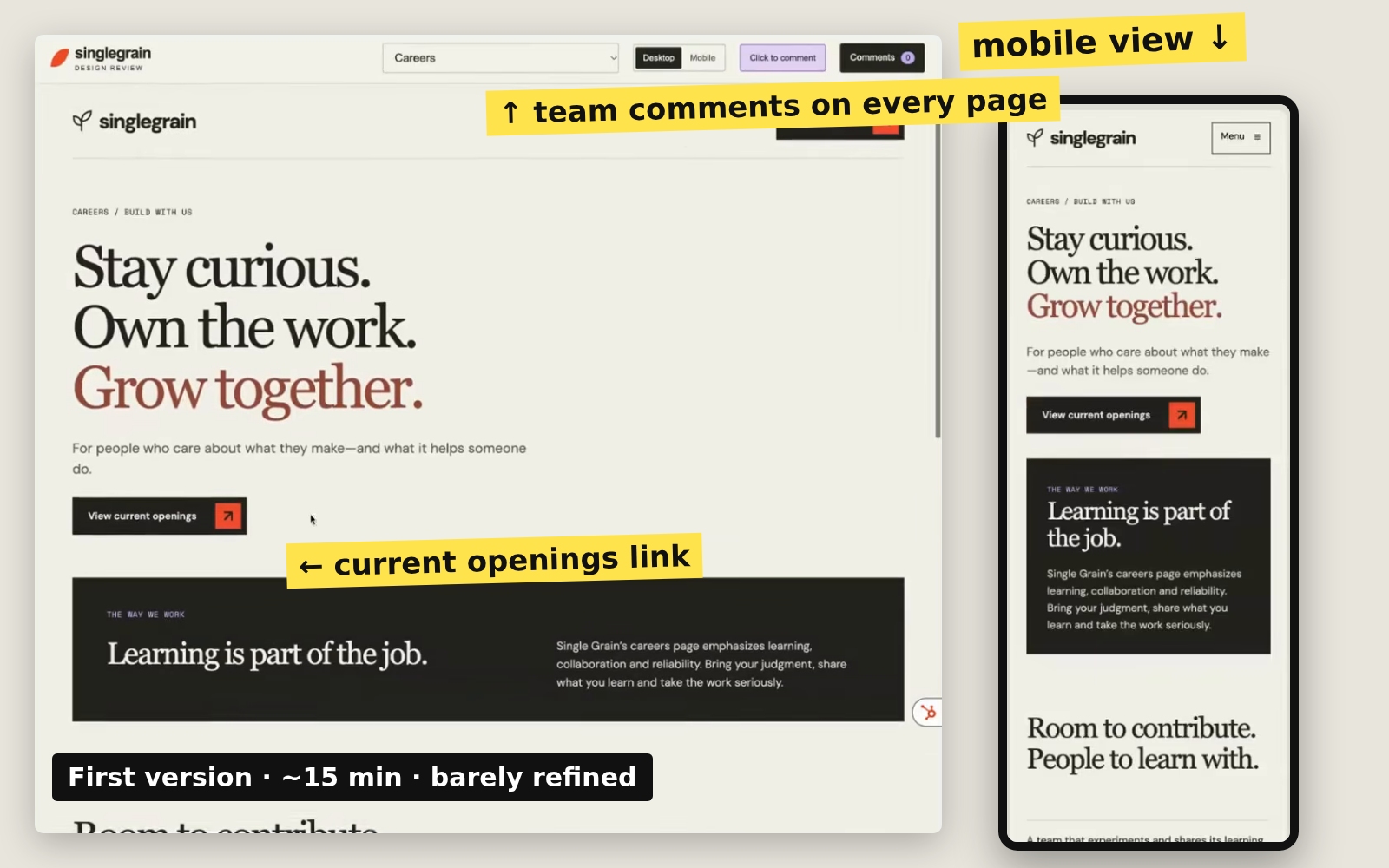 My first version of the Single Grain careers page shows the desktop hero, a current openings link, team comments and a mobile view after about fifteen minutes.