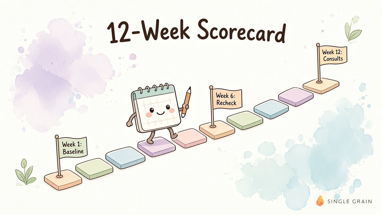 A calendar character walks a twelve-step path from a Week 1 baseline to a Week 6 recheck and Week 12 consultations.
