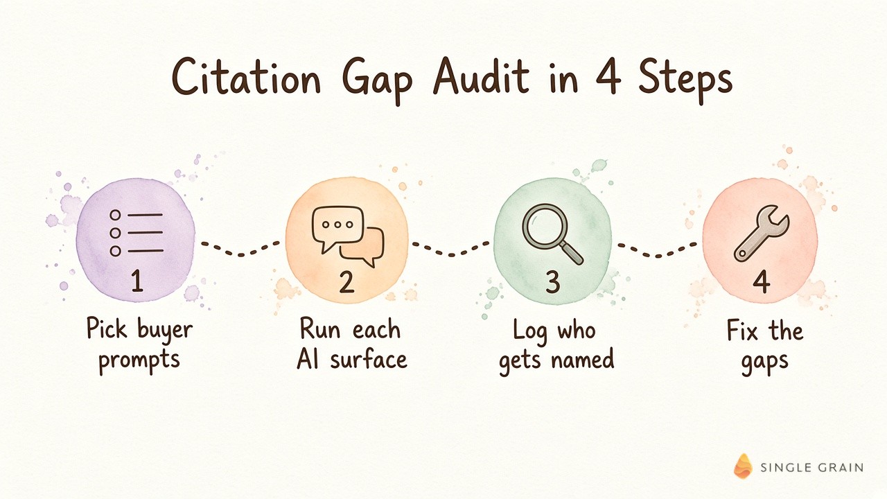 The citation gap audit runs in four steps, from picking buyer prompts to running each AI surface, logging who gets named and fixing the gaps.