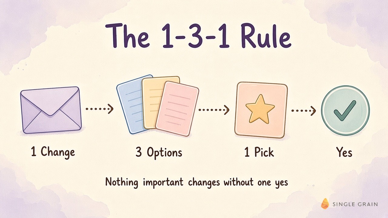 The 1-3-1 rule diagram shows one change, three options, one pick and a yes before anything important goes live.